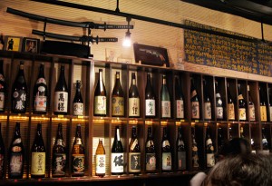Shochu bottles at a bar