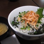 Whitebaits and pink shrimps on a rice in a bowl with miso soup for ¥1,000